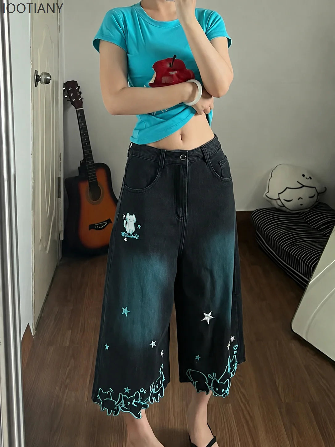 Damen High-Waist Jeans mit Niedlicher Cartoon-Katzen-Stickerei, Vintage Y2K Kleidung, Wadenlange Denim-Hosen, Harajuku Blaue Streetwear So ist Leben