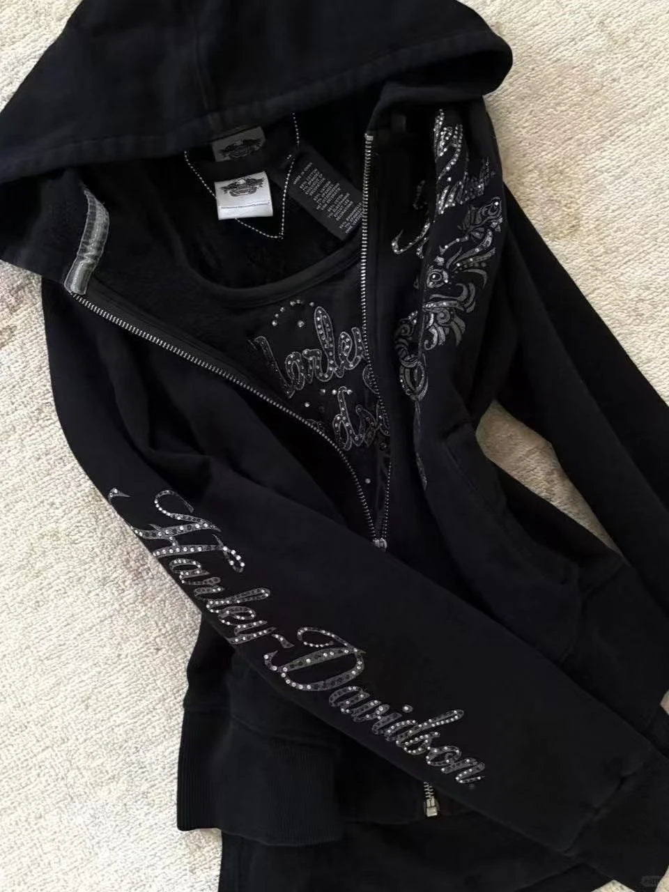 Y2K Gothic Kordelzug Design Schwarz Reißverschluss Sweatshirt Damen Jacke Mantel Harajuku Brief Grafik Sexy Slim Hoodie Herbst Kleidung So ist Leben