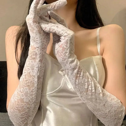 Mesh Fishnet Bowknot Lange Handschuhe für Frauen Spitze Rüschen Fingerlose Handschuhe Fäustlinge JK Lolita Kawaii Weiße Handschuhe UV-Schutz Y2k So ist Leben