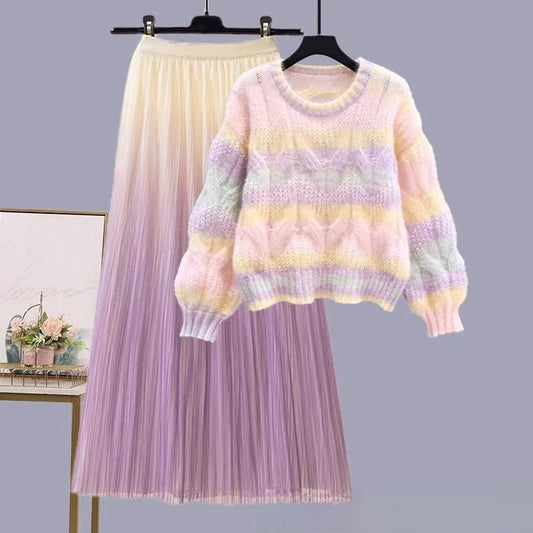 Schickes zweiteiliges Set für Herbst und Winter, langer Rock, Pullover, kombiniert, Anti-Aging, trendiger Pendler-Stil, Polyester-Mischung, lässiges Ensemble So ist Leben