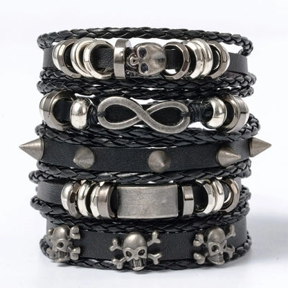 6 Stück/Set schwarzes Punk-Armband mit Totenkopf- und Sternform aus Legierung und Pu-Leder So ist Leben