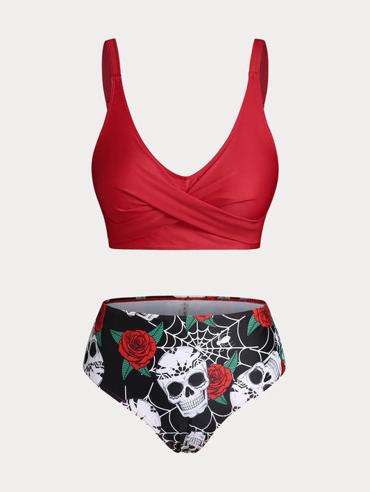 ROSEGAL Plus Size Damen Plus Size & Curve Skull Rose Print Crossover Dreiteilige Bikini-Badeanzüge So ist Leben