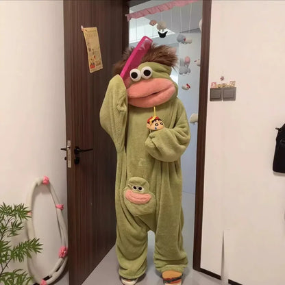 Hangyodon One Piece Pyjama aus Korallenfleece, dick, warm, für den Winter, Cartoon-Motiv, lustiger Fischmund, Nachtwäsche für Damen und Herren, Paar-Loungewear So ist Leben