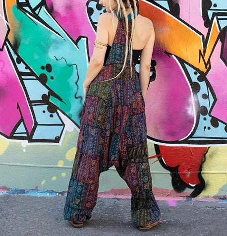 2024 Damen neuer Hip-Hop-Overall, heißer Stil, Hippie-Nähte, ethnischer Druck, ärmellos, lockere Haremtasche, Overalls, Grün So ist Leben