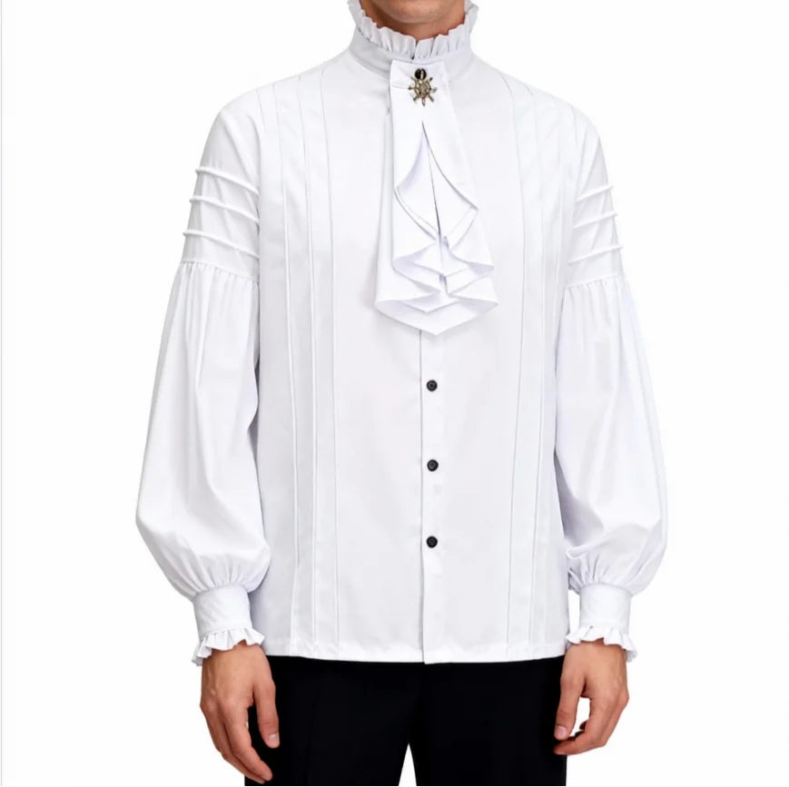 Weißes Baumwoll-Rüschen-Stehkragen mit langen Laternenärmeln, Piraten-Cosplay, viktorianisches Herrenhemd, mittelalterliche Kleidung, Gothic-Vintage-Top So ist Leben