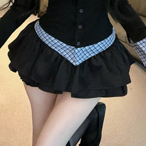 Herbst-Winter College-Style JK Uniform-Set Schlankmachendes Zweiteiler-Set mit Langarm-Oberteil und Puffrock in Halblänge So ist Leben