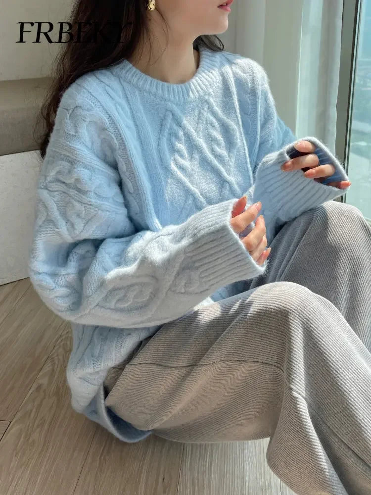 Pullover Frau Winter 2023 Rundhals Bodenbildung Twist Pullover Faul Wind Lose Beiläufige Stricken Pullover Langarm Pullover Jumper So ist Leben