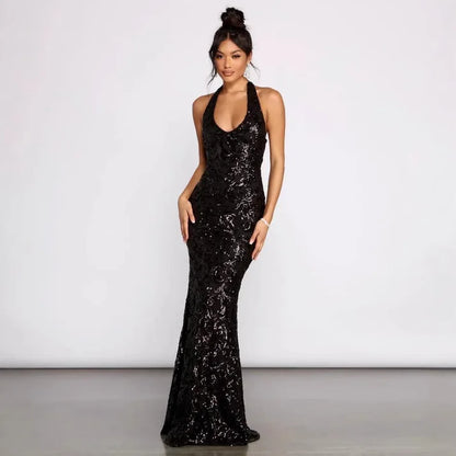 Sexy Hals Kragen Pailletten Kleid Modische Vielseitige Lange Kleid 2025, Herbst Und Winter Neue Produkt Mode Temperament Retro Wo So ist Leben