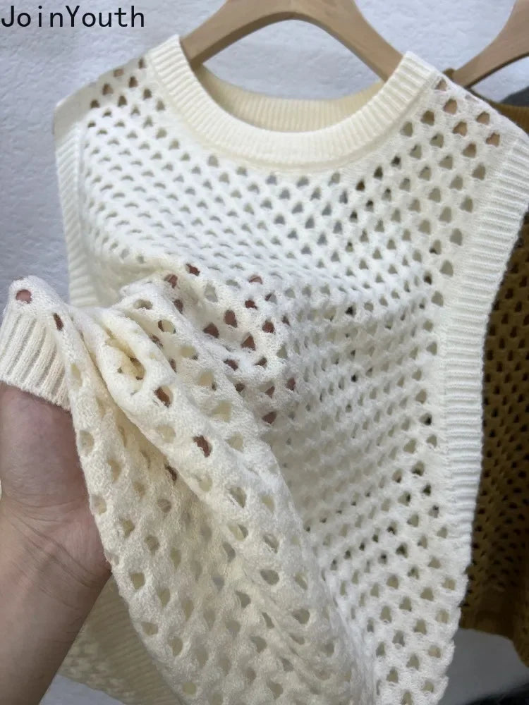 Vintage Stricken Pullover Weste frauen Kleidung Oansatz Ärmel Lose Tanks Aushöhlen Casual Chic Crop Tops 2025, Ropa Mujer So ist Leben