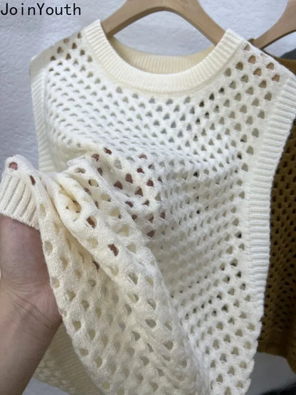 Vintage Stricken Pullover Weste frauen Kleidung Oansatz Ärmel Lose Tanks Aushöhlen Casual Chic Crop Tops 2025, Ropa Mujer So ist Leben