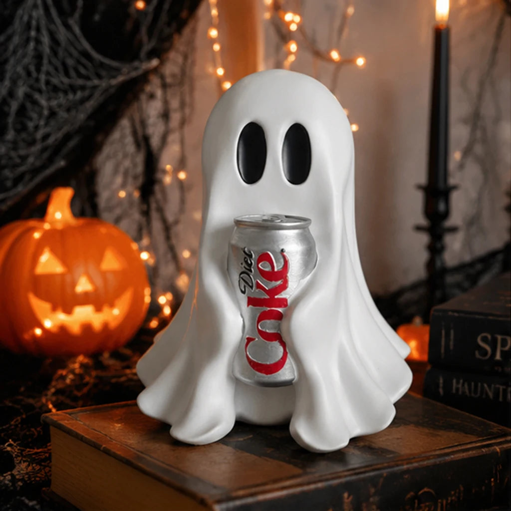 Lustige Geisterfigur mit Getränkedose aus Kunstharz, Halloween-Schreibtischdekoration, Niedliche Gruselige Raumverzierung, Geschenk für Heim- und Bürodekoration So ist Leben