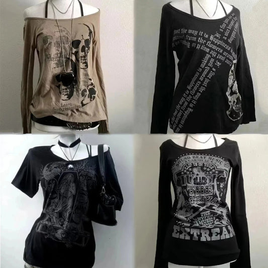 Amerikanischen Vintage Print T-shirt Frauen Ästhetischen Punk Design Langarm Gothic Y2k Tops Subkultur Casual Retro Harajuku Tees So ist Leben