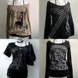 Amerikanischen Vintage Print T-shirt Frauen Ästhetischen Punk Design Langarm Gothic Y2k Tops Subkultur Casual Retro Harajuku Tees So ist Leben