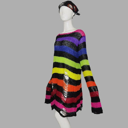 Goth Punk Gothic Pullover Übergroße Pullover Frauen Gestreiften Cool Aushöhlen Loch Gebrochen Jumper Harajuku Ästhetik Pullover So ist Leben