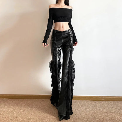 Goth Dark Streetwear Faux Pu Patchwork Mesh Hose mit hoher Taille Mall Gothic Zip Frauen Casual Flare Hosen Punk-Stil Alt Bottoms So ist Leben