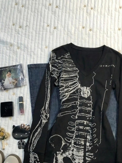 Vintage Totenkopf-Print T-Shirt Y2k 90er Jahre Langarm Goth Punk Ästhetik Harajuku Damenkleidung V-Ausschnitt Slim Hot Girl Grunge Emo Tees So ist Leben