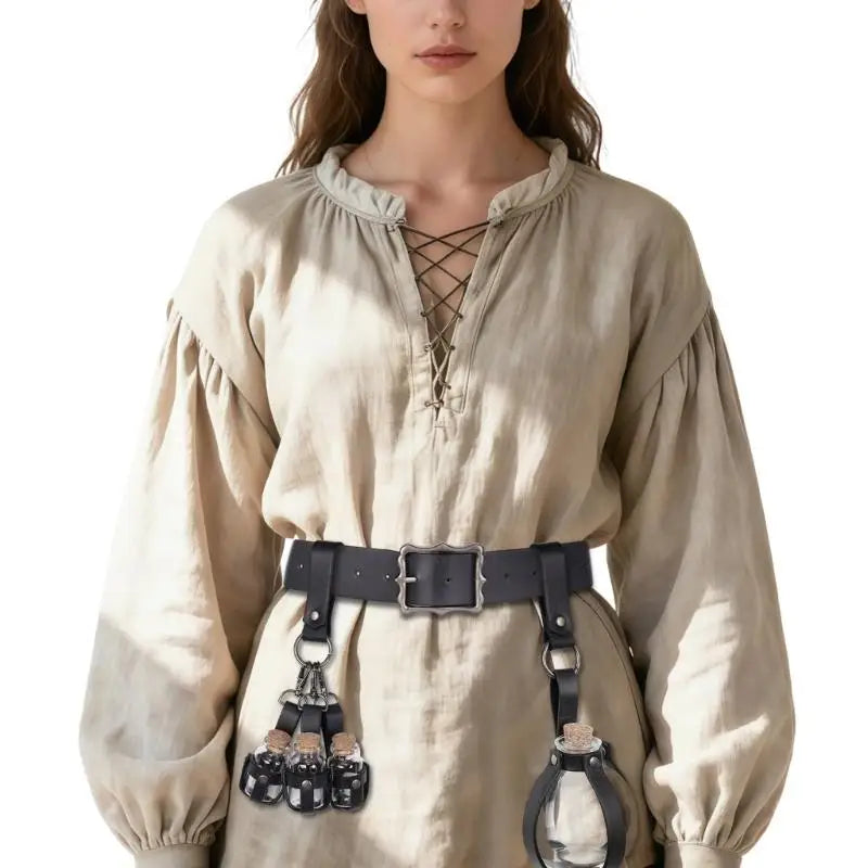 652F Mittelalterliches Knightes-Kostüm, Halloween-Pirat, Cosplay-Kostüm, Renaissance-Kostüm, Zubehör, Ledergürtel, Korkflasche So ist Leben
