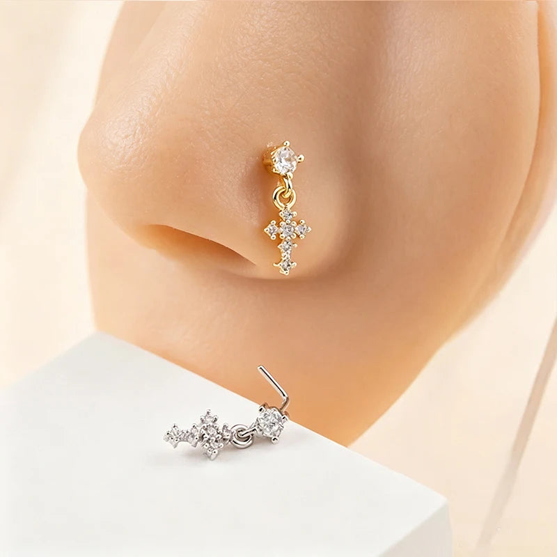 Hängende Nasenringe für Frauen, Kreuz-Zirkon-Nasenpiercing-Schmuck, L-förmige Nasenstecker, Körperschmuck-Accessoires So ist Leben