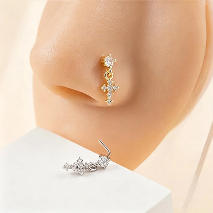 Hängende Nasenringe für Frauen, Kreuz-Zirkon-Nasenpiercing-Schmuck, L-förmige Nasenstecker, Körperschmuck-Accessoires So ist Leben