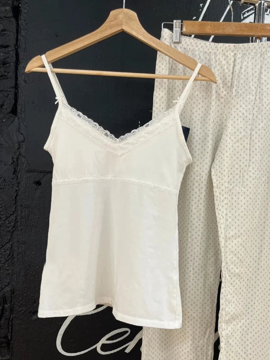 Geripptes Spitzenbesatz Slim Tank Top Damen Sommer Einfarbig Niedliches V-Ausschnitt Baumwoll-Camisole Weibliches Lässiges Einfaches Allround-Basic-Top Y2k Oberteile So ist Leben