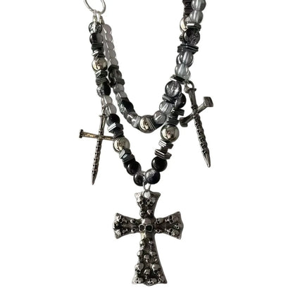 Punk Schwergewicht Totenkopf Kreuz Anhänger Halskette Gothic Dunkler Stil Niete Perlen Schmuck Umhängetasche Accessoire Glasperle Personalisiert So ist Leben