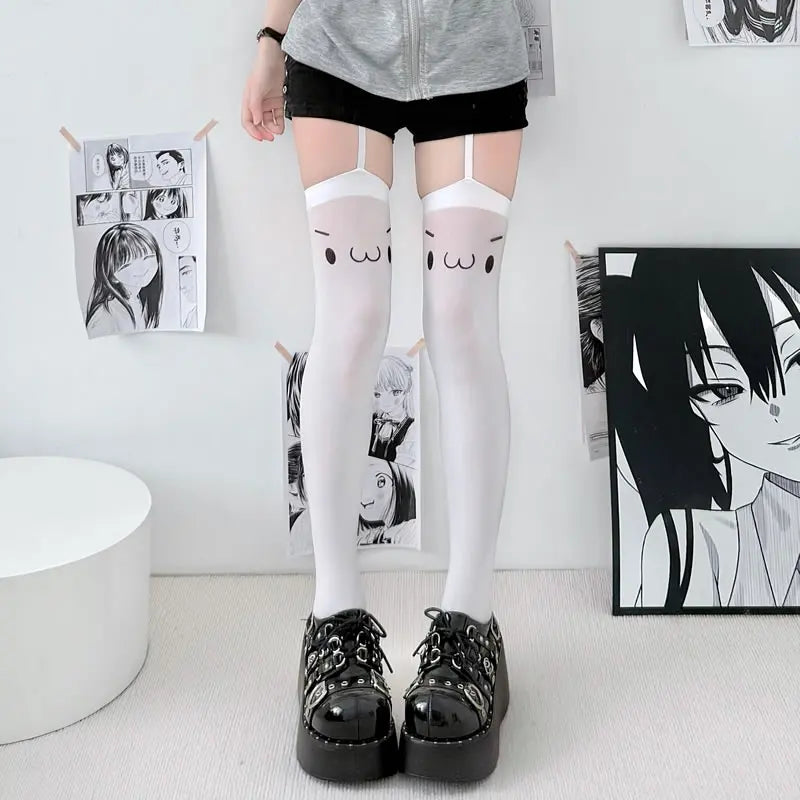 Lolita Kniestrümpfe Oberschenkelhohe Strümpfe Y2K Hosenträger Cartoon Süße Frauenstrümpfe JK Mädchen Overknee-Socken Oberschenkelhohe Socken So ist Leben