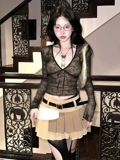 Y2k Frauen Vintage Coquette Grunge Ästhetische Mesh T-shirts Übergroßen Acubi T-shirt Langarm V-ausschnitt Abgeschnitten T Tops Kleidung So ist Leben