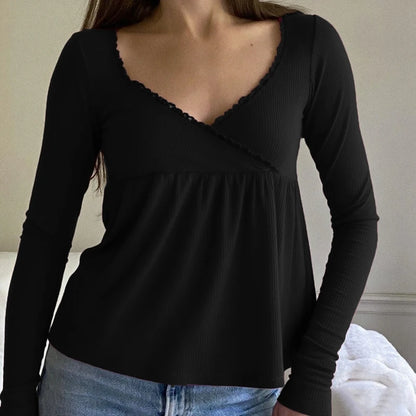 Coquette Vintage Milkmaid Pullover T-Shirts Süßes Y2K geripptes Babydoll Langarm Top Preppy Rüschenbesatz V-Ausschnitt T-Shirt Herbstkleidung So ist Leben