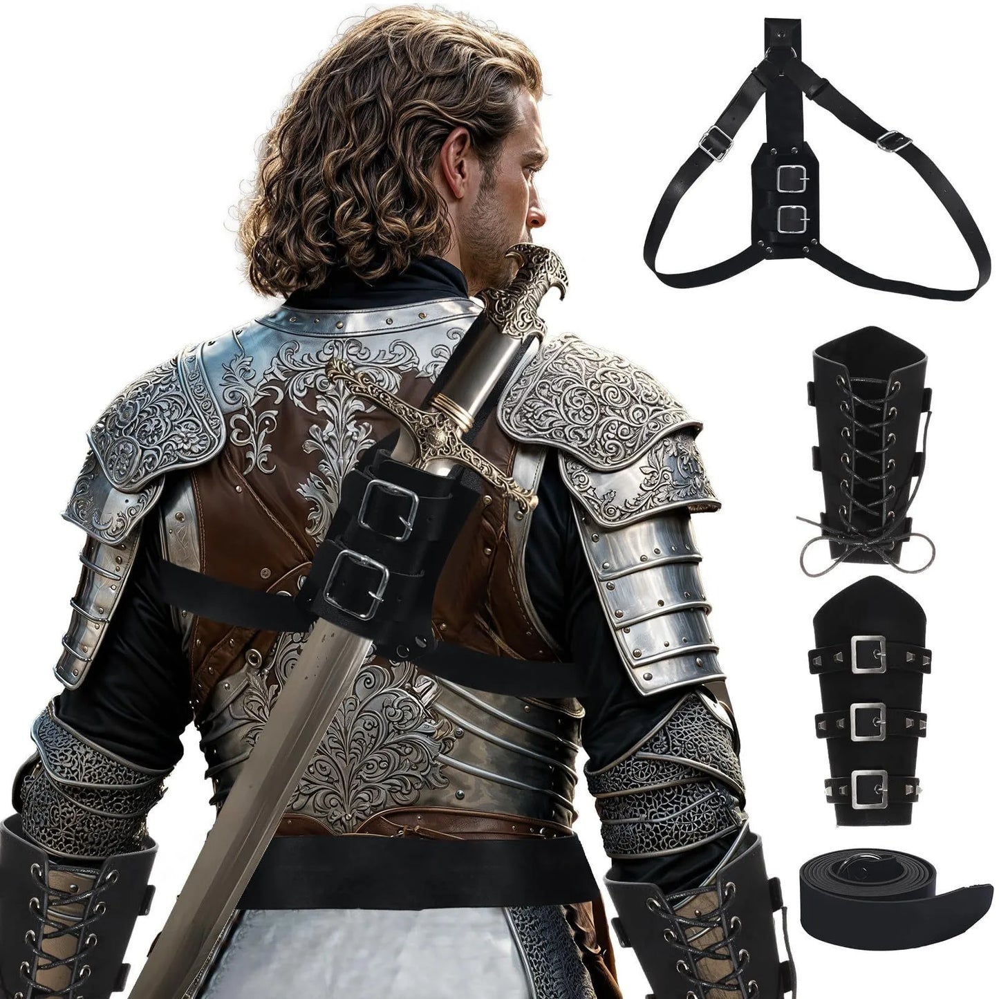 1/3 Stück Herren-Renaissance-Kostüm, mittelalterlicher Ritter, Halloween, mittelalterlicher Pirat, Wikinger, Leder, Taillengürtel, Armschiene, Rückseite, Schwert, Frosch So ist Leben