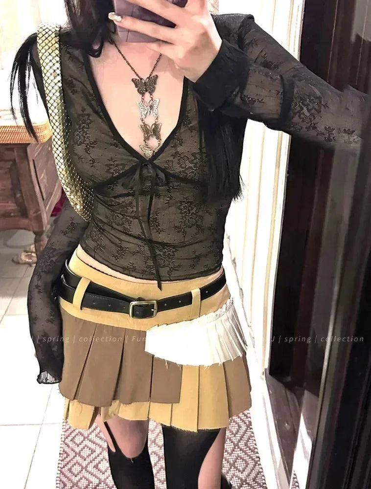 Y2k Frauen Vintage Coquette Grunge Ästhetische Mesh T-shirts Übergroßen Acubi T-shirt Langarm V-ausschnitt Abgeschnitten T Tops Kleidung So ist Leben