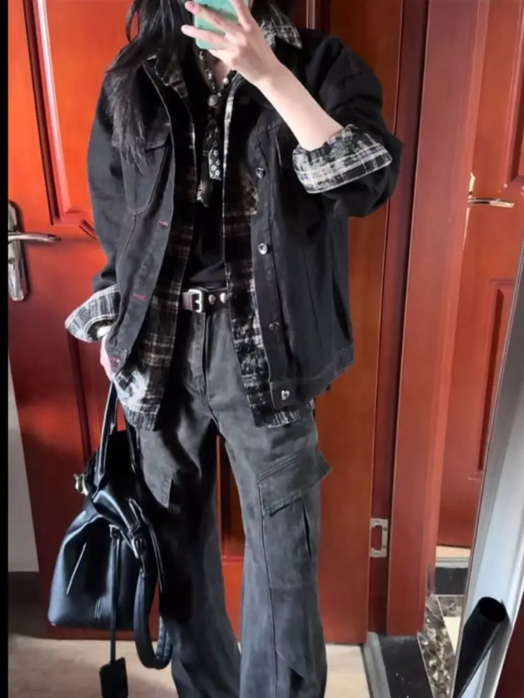 Ästhetik Mantel Goth Punk Vintage Denim Shirt Y2k 2000er Jahre High Street Harajuku Button Plaid Basics Hot Girl Grunge Emo Jacke Chic So ist Leben