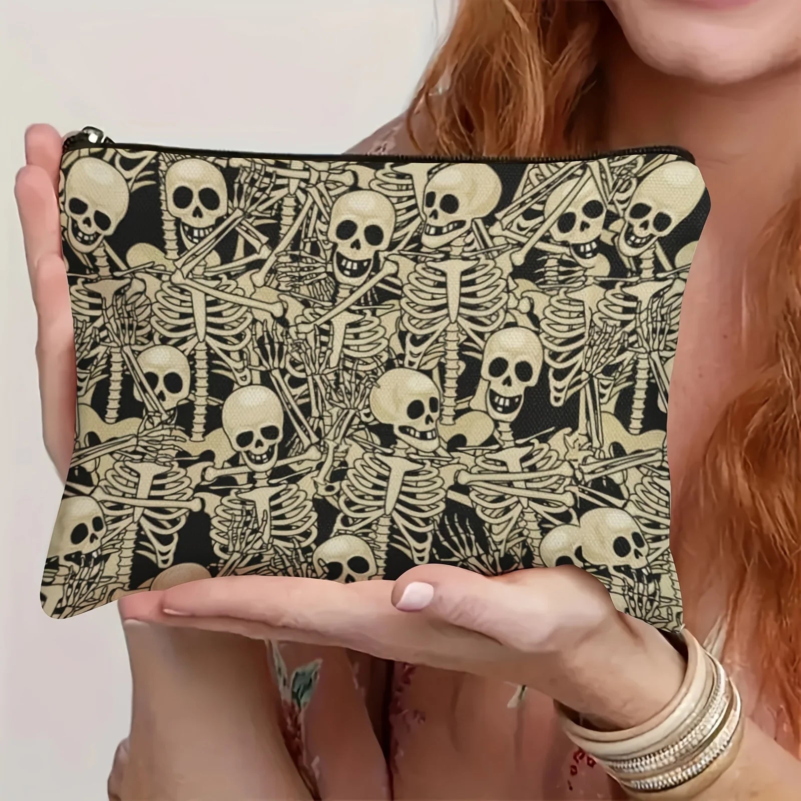 Gruselige Skelett-Tanz-Make-up-Tasche – große Geldbörse und Federmäppchen, Unisex-Halloween-Geschenk mit schwarzem und goldenem Skelett-Design So ist Leben