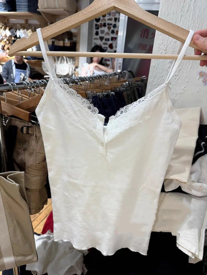Süße Spitze Patchwork Schlank Tank Tops Frauen Sommer Weiß Sexy Einfache Baumwolle Weiche Ärmellose Westen Weibliche Vintage Chic Y2K Leibchen So ist Leben