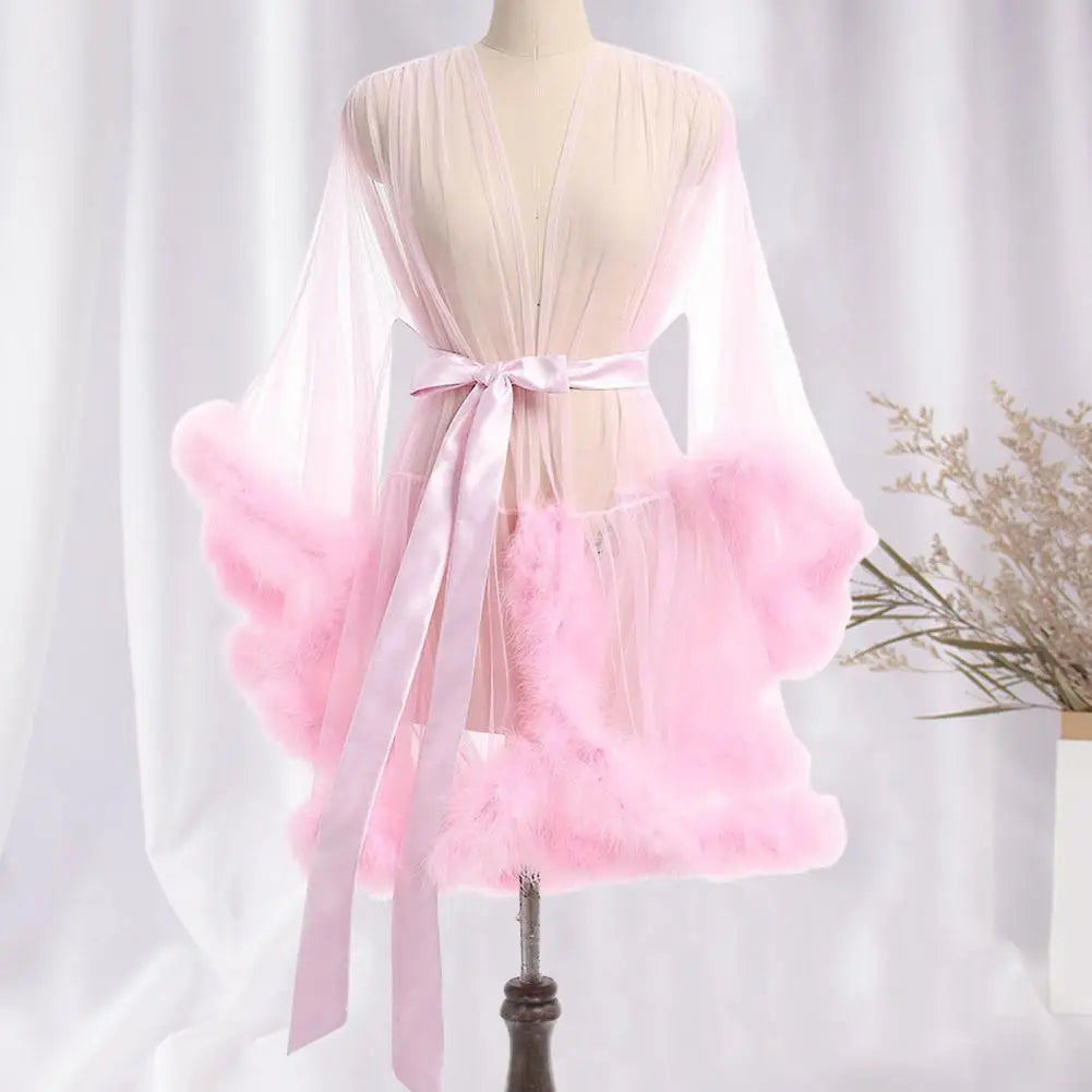 Damen-Nachthemd mit Plüschbesatz, ultradünn, durchsichtig, Netzrüschen mit verstellbarer Taille, einfarbig, Pyjama-Party-Nachtwäsche So ist Leben