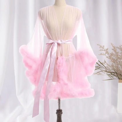 Damen-Nachthemd mit Plüschbesatz, ultradünn, durchsichtig, Netzrüschen mit verstellbarer Taille, einfarbig, Pyjama-Party-Nachtwäsche So ist Leben