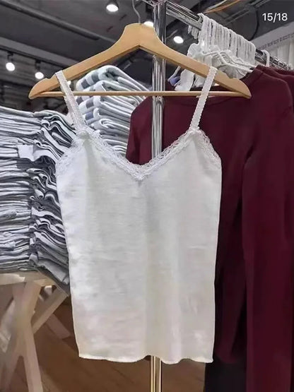 Weißes, ärmelloses Tanktop mit Spitzenbesatz für Damen, lässig, weiche Baumwolle, V-Ausschnitt, schmal geschnittene Westen, Vintage, süß, süß, Preppy-Stil, Camis So ist Leben
