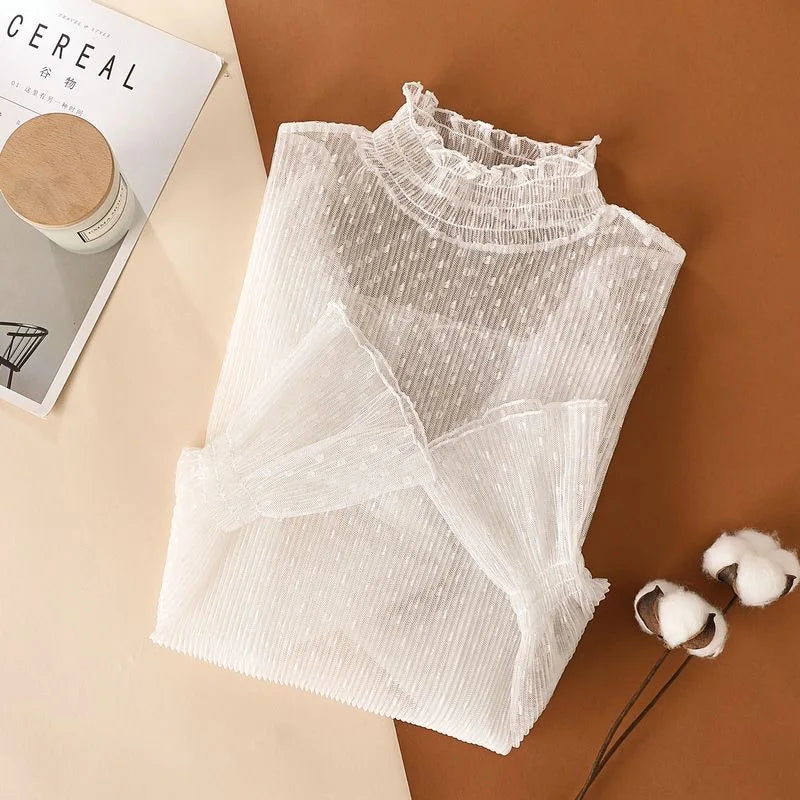 Frauen Sexy Mesh Durchsichtig T-shirt Lange Glocke Hülse Aushöhlen Bluse Sommer Transparent Sheer High Neck Bodenbildung Basic Tee - So ist Leben