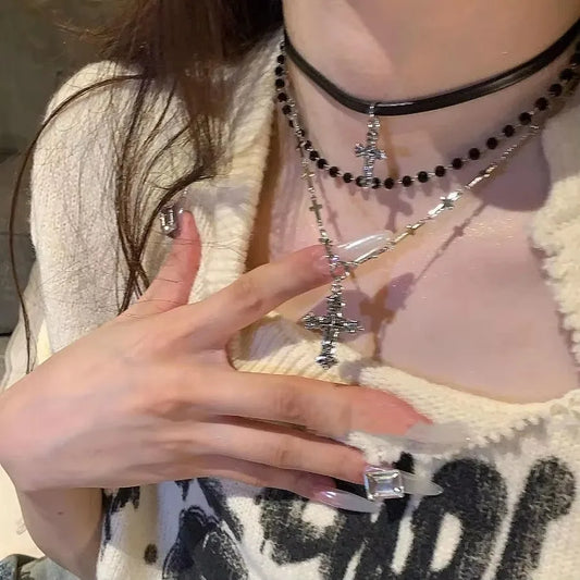 Gothic Y2K Metall Kreuz Anhänger Multi Layer Perlen Halskette Für Frauen Männer Vintage Punk Grunge EMO Charme Schmuck Zubehör Geschenk So ist Leben