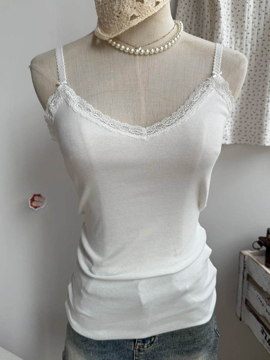 Spitze Trim Liebsten Tops Frauen Baumwolle Weiche Schlanke Weiß Sexy Ärmellose Leibchen Süße Nette Chic Tank Tops Y2K So ist Leben