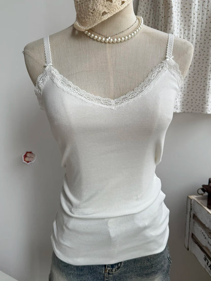 Spitze Trim Liebsten Tops Frauen Baumwolle Weiche Schlanke Weiß Sexy Ärmellose Leibchen Süße Nette Chic Tank Tops Y2K So ist Leben