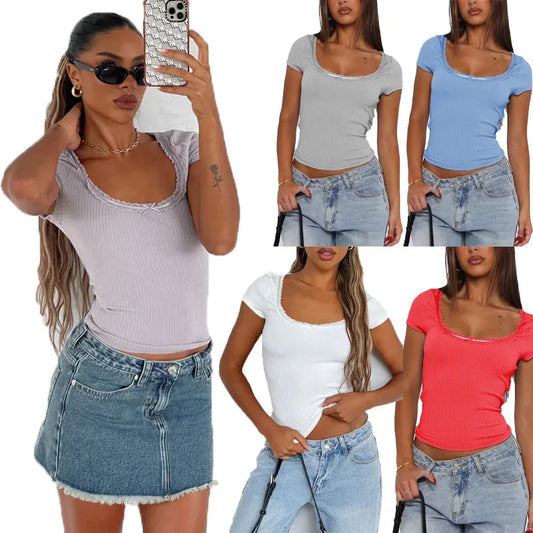 2024 Neues Damen-Temuslim-Fit-T-Shirt, lässig, Y2K, kurze Ärmel, Polyesterfaser, quadratischer Kragen, einfarbig, Blumenrand, Frühling/Sommer So ist Leben