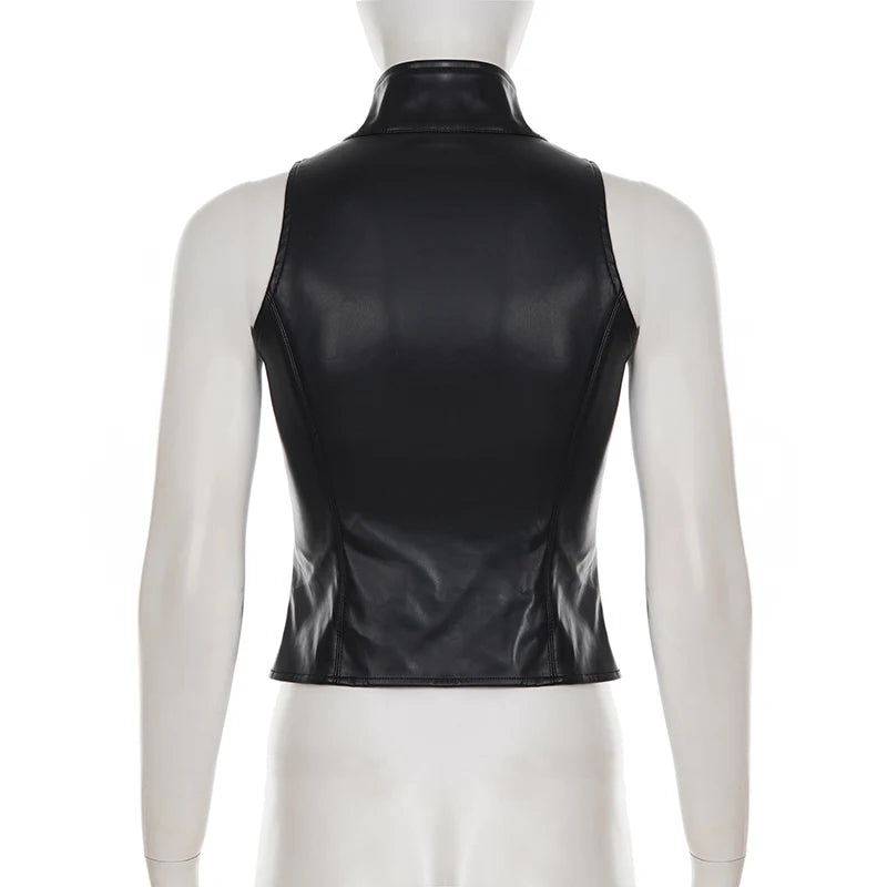 SUCHCUTE Retro Punk Pu Leder Weste Mit Hülse Abdeckung Frauen Gothic Schwarz Ärmelloses Rollkragen Top Y2k Metall Dekorative Kleidung So ist Leben