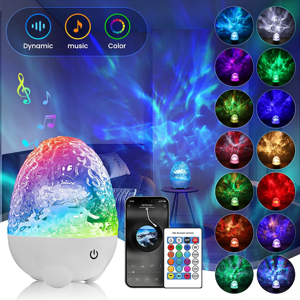 Aurora- oder Ocean Wave-Projektorlampe mit Fernbedienung, Musiklautsprechermodus, RGB-Farbeffekte, wiederaufladbares Licht als Raumgeschenk So ist Leben