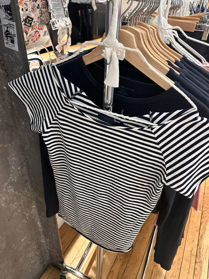 Gerollt Slash Neck Gestreiftes T-Shirt Frauen Sommer Kurzarm Casual Tees Tops Mode Y2K Dünnes T-shirt T-Shirts 2025 So ist Leben