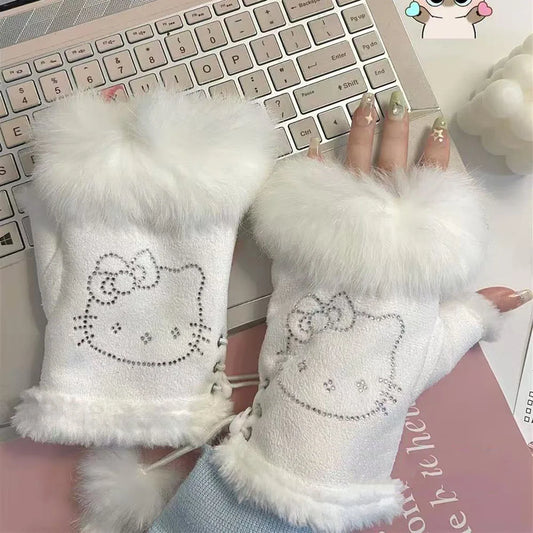 Sanrio Hello Kitty Leder-Halbfinger-Handschuhe aus Kaninchenfell, warme Winter- und süße Handschuhe, die kältebeständige Handschuhe schreiben So ist Leben