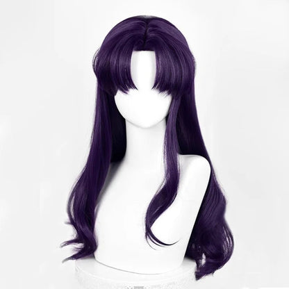 Anime EVA Katsuragi Misato Cosplay Perücke 55 cm Lange Perücke Schwarz Lila Lockiges Haar Hitzebeständige Synthetische Perücken Halloween Party So ist Leben