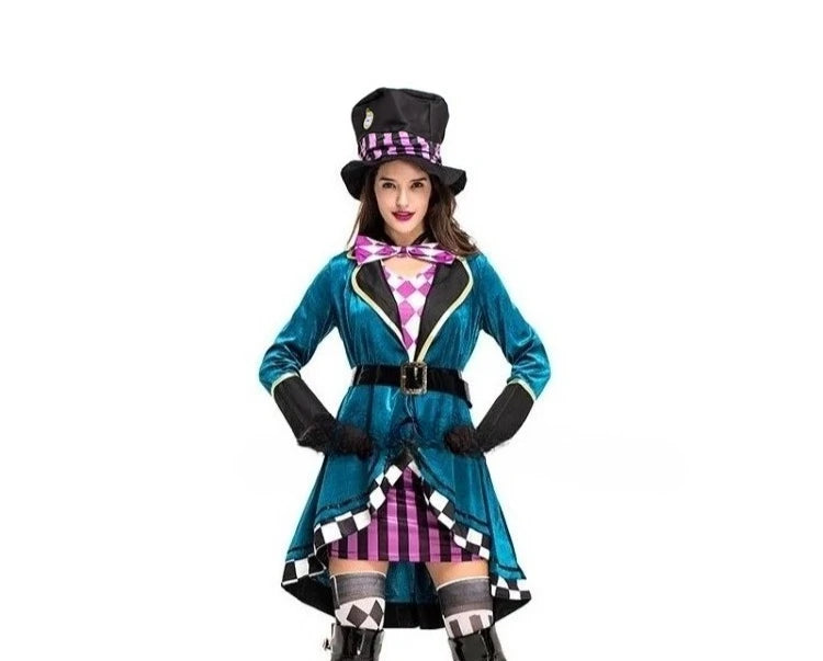 Alice im Wunderland Clown Verrückter Hutmacher Kostüm für Erwachsene Frauen Fantasie Sexy Zauberer Cosplay Halloween Karneval Magisches Kleid So ist Leben