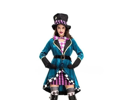Alice im Wunderland Clown Verrückter Hutmacher Kostüm für Erwachsene Frauen Fantasie Sexy Zauberer Cosplay Halloween Karneval Magisches Kleid So ist Leben
