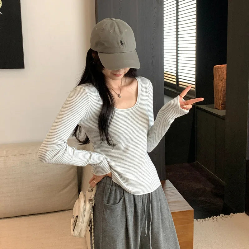 Slim Fit Koreanischen Stil frauen Gestrickte Basis Shirt Herbst Winter Neue Ankunft Streifen Design Modische Innere Tragen T-Shirt So ist Leben