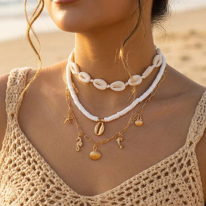 Boho Mehrschichtige Muschel-Seestern-Anhänger-Halskette für Frauen Handgefertigte Perlen-Imitationsperlen-Choker Strandparty-Schmuck Geschenk So ist Leben
